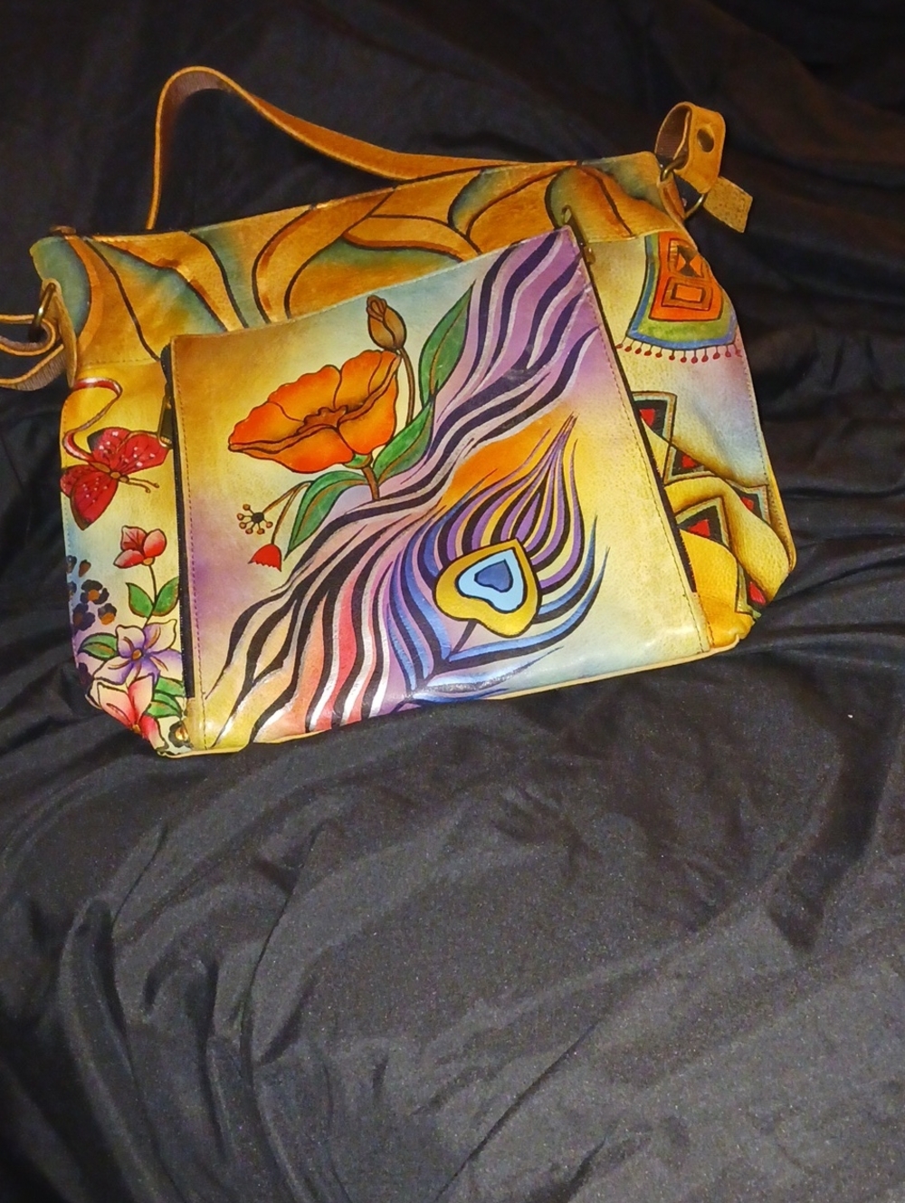 Anuschka Hand-Painted Yellow Multicolor Floral & Peacock Crossbody